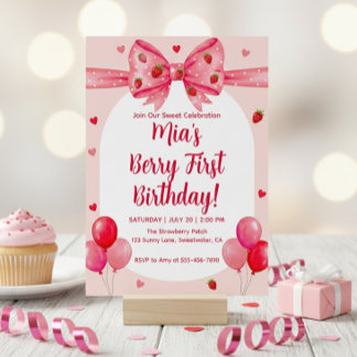 Invitación Vibrant Strawberry Coquette Bow Berry 1st Birthday