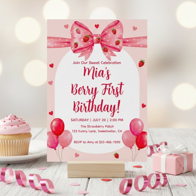 Invitación Vibrant Strawberry Coquette Bow Berry 1st Birthday (Subido por el creador)
