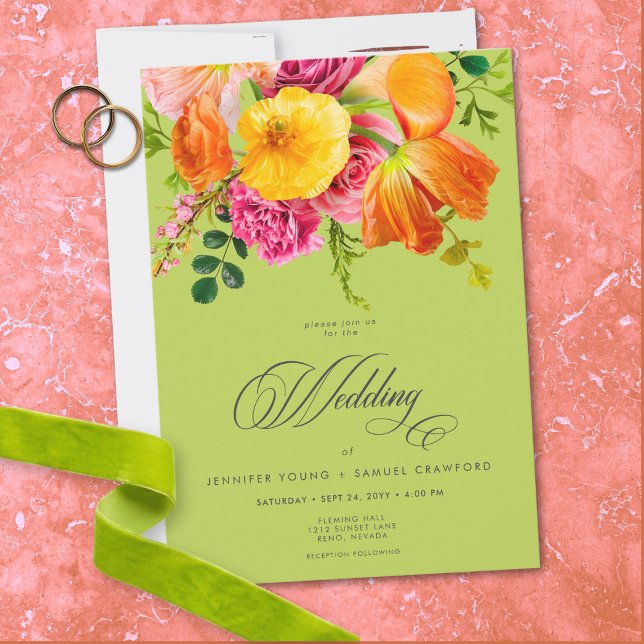 Invitación Vibrant Summer Floral Lime Orange Pink Wedding (Vibrant Summer Floral Lime Orange Pink Wedding Invitation)