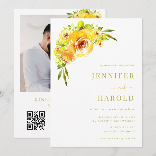 Invitación Vibrant Yellow & Green Floral Garden Photo Wedding (Anverso / Reverso)