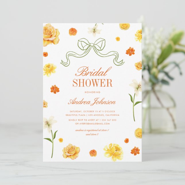 Invitación Vibrant Yellow Orange Floral Bow Bridal Shower (Anverso de pie)