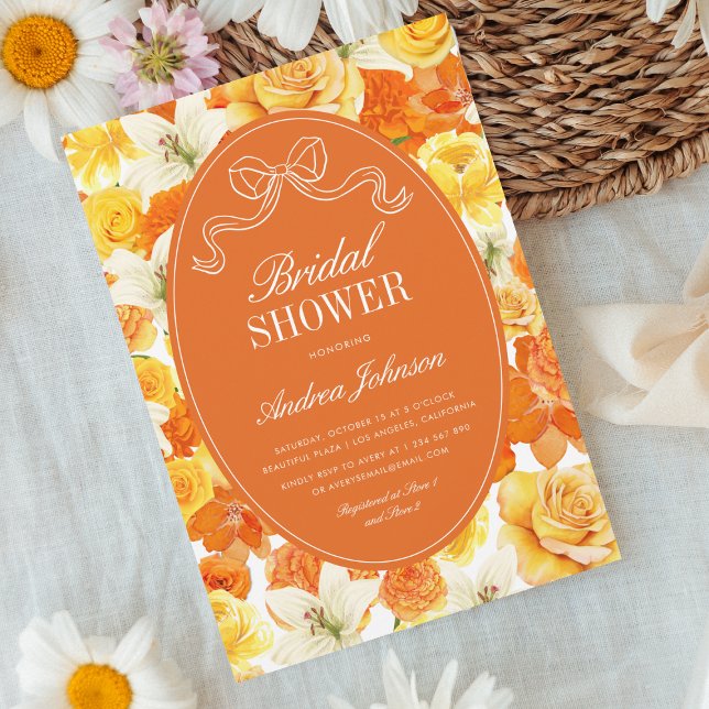 Invitación Vibrant Yellow & Orange Floral Bow Bridal Shower (Subido por el creador)