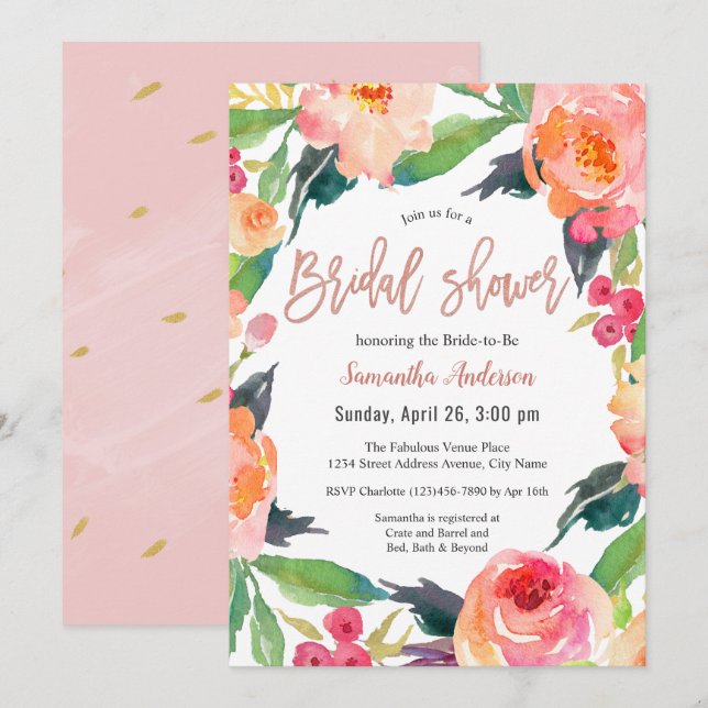 Invitación Vibrante acuarela Floral Bridal Shower (Anverso / Reverso)