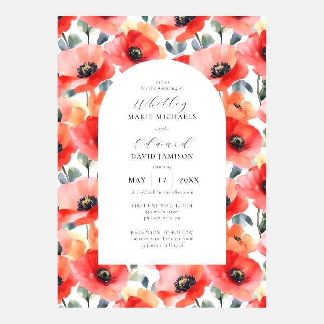 Invitación Vibrante acuarela Poppy Floral Boda Arco (Anverso)