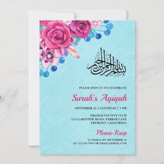 Invitación Vibrante Aqiqah de niña con flores rosadas (Anverso)