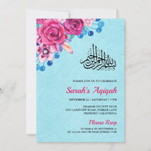 Invitación Vibrante Aqiqah de niña con flores rosadas