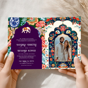 Invitación Vibrante arte popular indio elefante berenjena bod