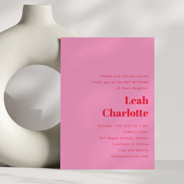 Invitación Vibrante Bat Mitzvah, moderno rosa brillante y roj (Subido por el creador)