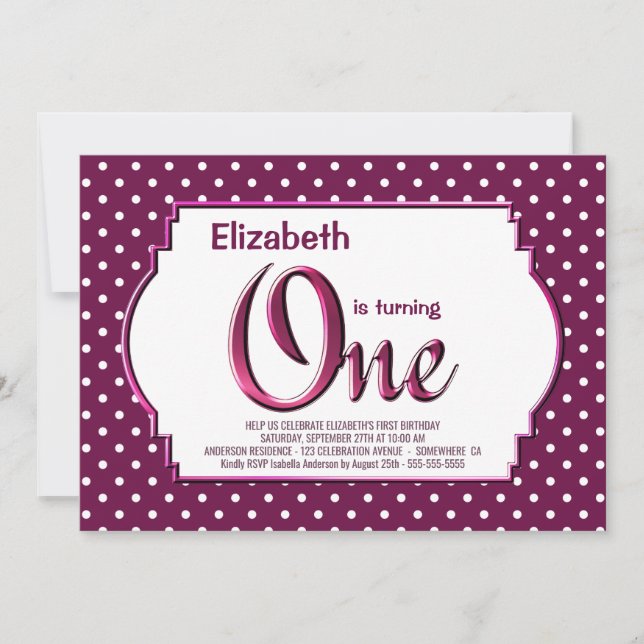 Invitación Vibrante Berry Red Polka Dot Primer Fiesta de cump (Anverso)