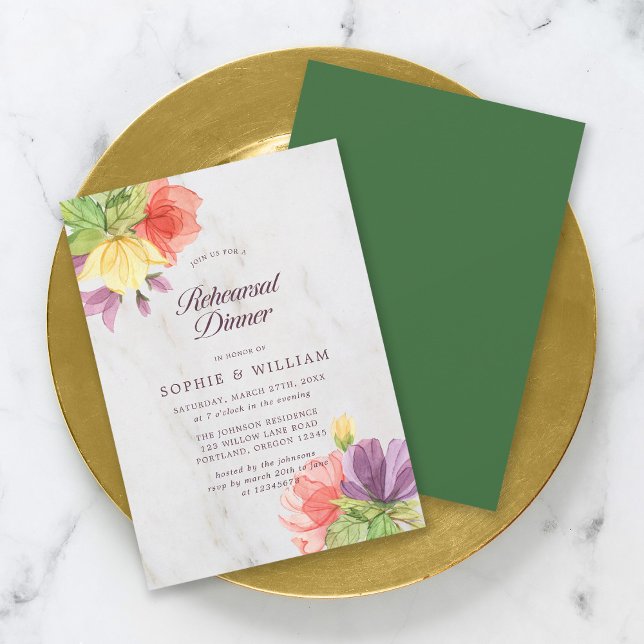 Invitación Vibrante Blooms Ensayo de mármol Cena (Subido por el creador)