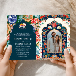 Invitación Vibrante Boda azul oscuro del elefante de arte fol