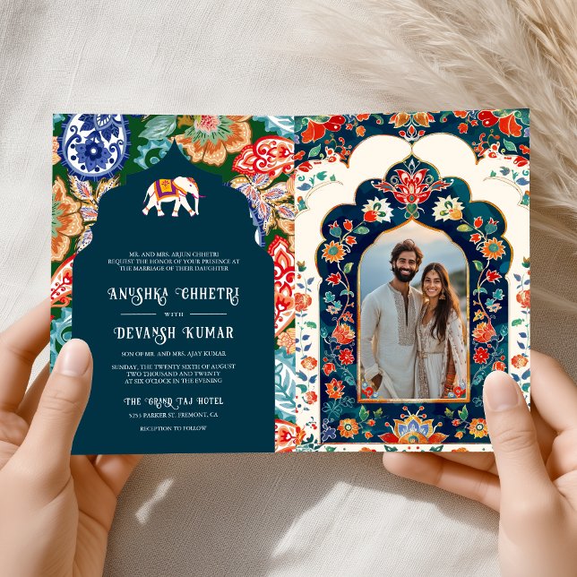 Invitación Vibrante Boda azul oscuro del elefante de arte fol (Subido por el creador)