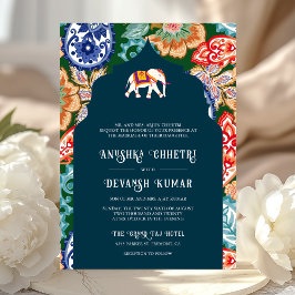Invitación Vibrante Boda azul oscuro del elefante de arte fol