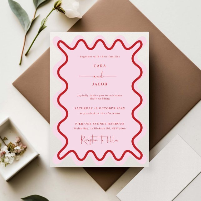 Invitación Vibrante Boda de borde rojo ondulado rosado (Subido por el creador)