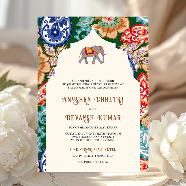 Invitación Vibrante Boda de crema de elefante de arte folclór (Subido por el creador)