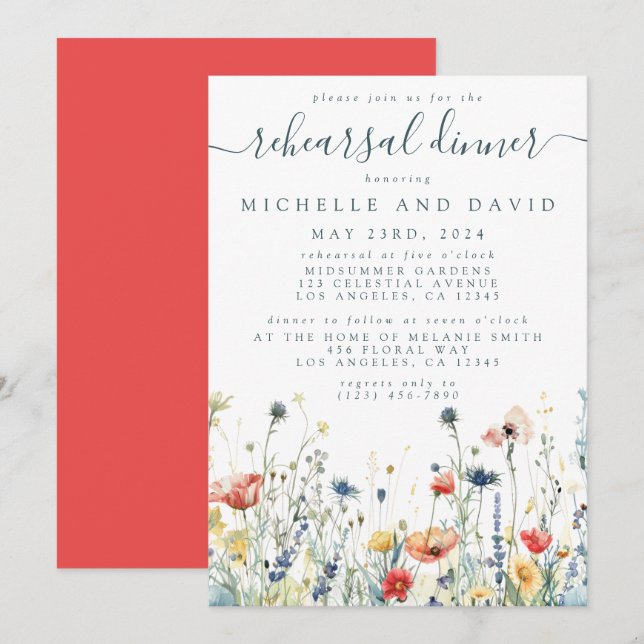 Invitación Vibrante Boda de flores silvestres ensayo Cena (Anverso / Reverso)