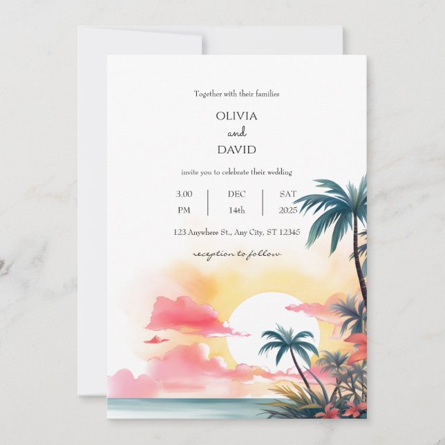 Invitación Vibrante Boda de Foliage de Palm Ocean Sunset Trop (Anverso)