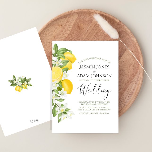 Invitación Vibrante Boda del Citrus Lemon Greenery (Citrus Lemons and Greenery Summer Fruits Wedding Invitation)