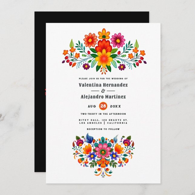 Invitación Vibrante Boda floral de Fiesta Mexicana (Anverso / Reverso)