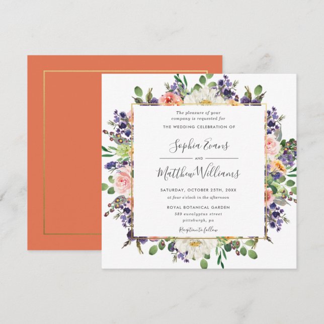 Invitación Vibrante Boda Floral Rubor Peach Ivory (Anverso / Reverso)