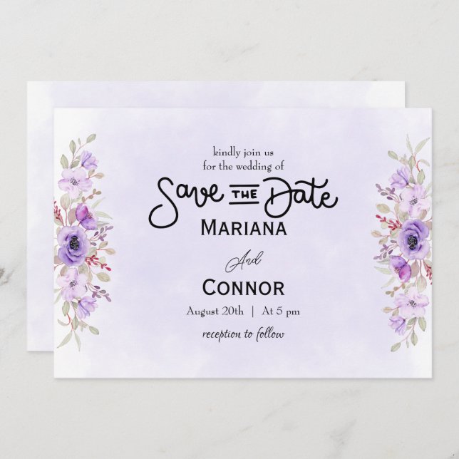 Invitación Vibrante boda morada floral salva la fecha (Anverso / Reverso)