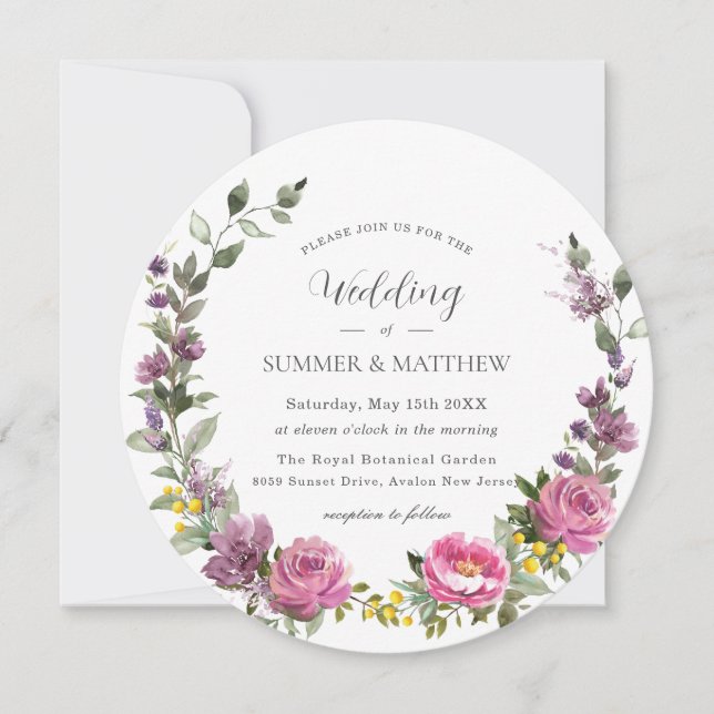 Invitación Vibrante Boho Magenta Boda morado rosado floral (Anverso)