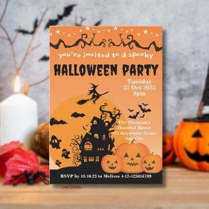 Invitación Vibrante Casa Embrujada de Halloween Naranja y Neg