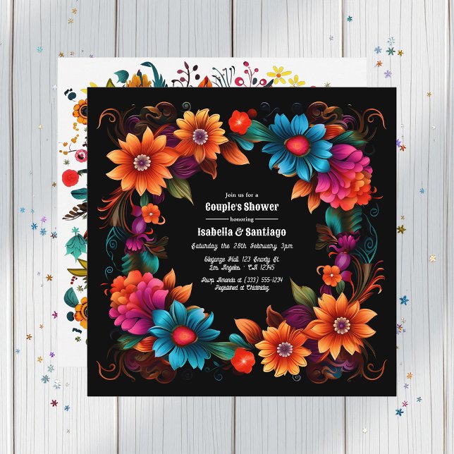 Invitación Vibrante celebración de la ducha de la pareja flor (Vibrant Fiesta Floral Couple's Shower Celebration Invitation)