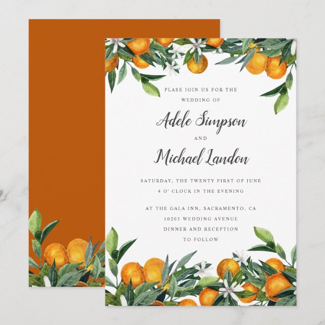 Invitación Vibrante Cítrico Tangerino deja boda de acuarela (Anverso / Reverso)