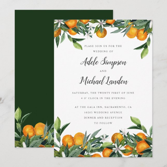 Invitación Vibrante Cítrico Tangerino deja boda de acuarela (Anverso / Reverso)