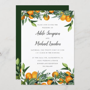 Invitación Vibrante Cítrico Tangerino deja boda de acuarela