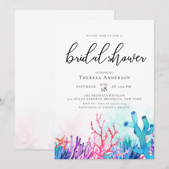 Invitación Vibrante Coral Reefs Bridal Shower (Anverso / Reverso)