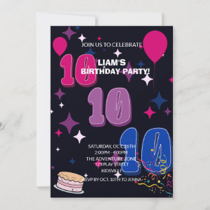 Invitación Vibrante Cumpleaños 10   Confeti Rosa Azul