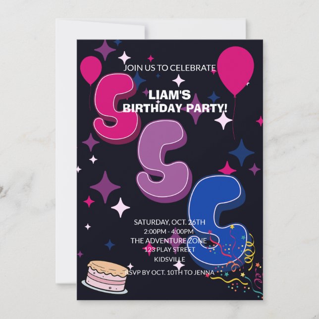 Invitación Vibrante Cumpleaños 5 | Confeti Rosa Azul (Anverso)