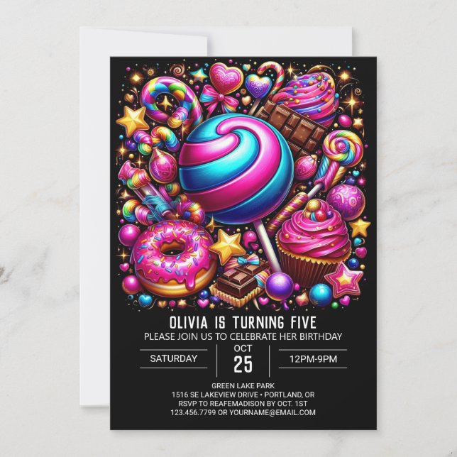 Invitación Vibrante cumpleaños digital de Candyland encantado (Anverso)