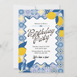 Invitación Vibrante Cumpleaños Mediterráneo de Limón y Azul