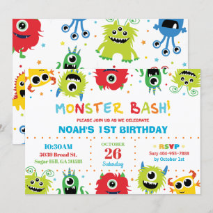 Invitación Vibrante Cute Pequeños Monstruos Niño Primer Cumpl