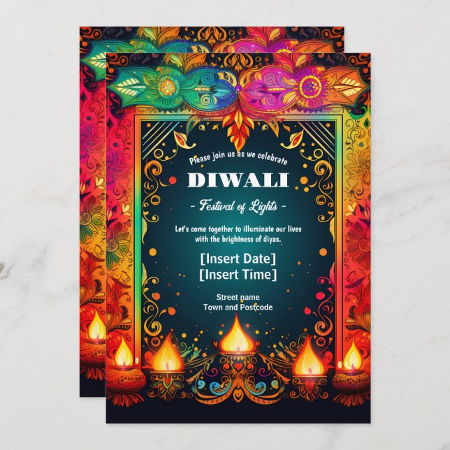 Invitación Vibrante Diwali Splendor (Anverso / Reverso)