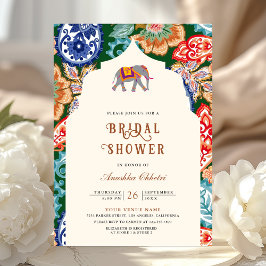 Invitación Vibrante ducha de novias con elefante de arte folc