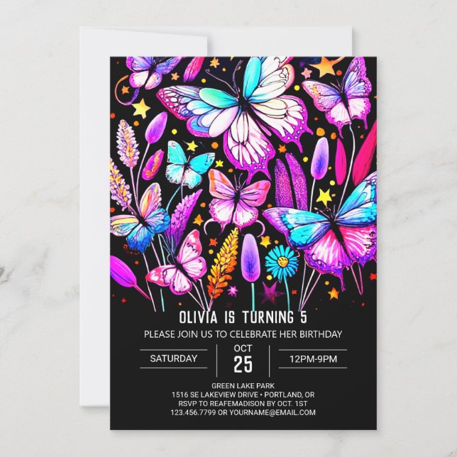 Invitación Vibrante elegancia Personalizado mariposa cumpleañ (Anverso)