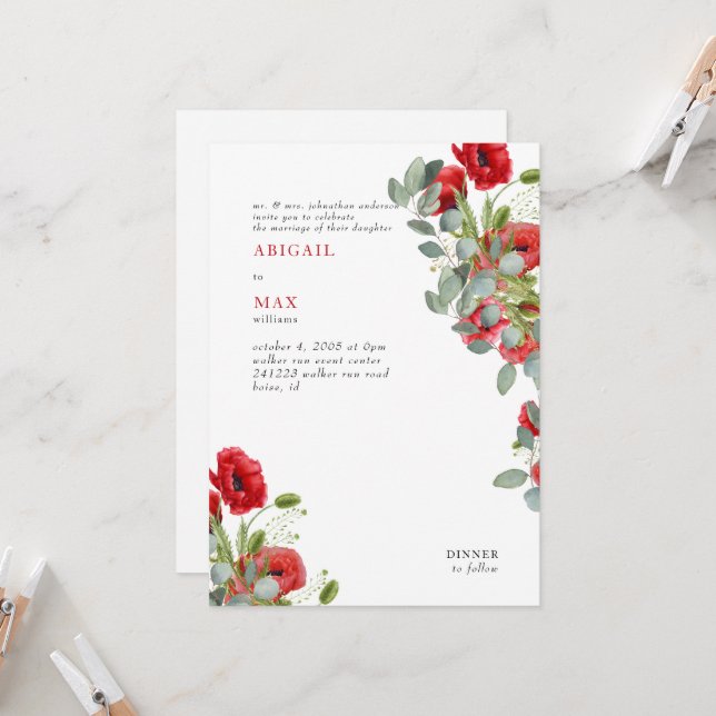 Invitación Vibrante Eucalyptus Boda Floral Roja (Anverso/Reverso In Situ)