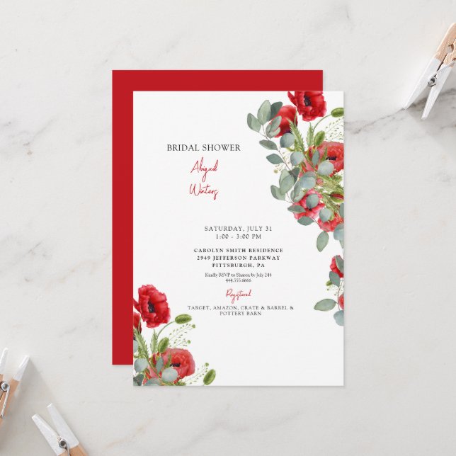 Invitación Vibrante Eucalyptus Red Floral Bridal Shower Invit (Anverso/Reverso In Situ)