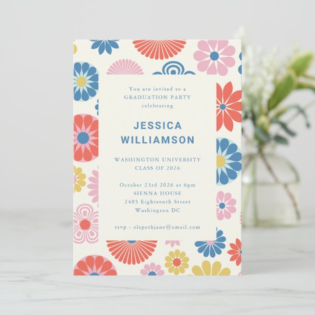Invitación Vibrante fiesta de graduación retro floral colorid (Anverso de pie)