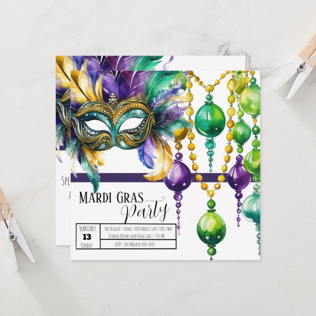 Invitación Vibrante Fiesta de Máscara y Perlas de Mardi Gras (Anverso/Reverso In Situ)