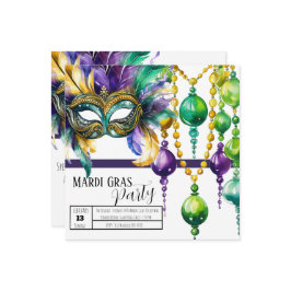 Invitación Vibrante Fiesta de Máscara y Perlas de Mardi Gras