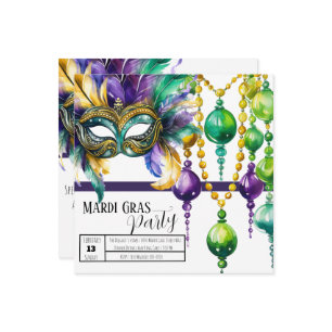 Invitación Vibrante Fiesta de Máscara y Perlas de Mardi Gras