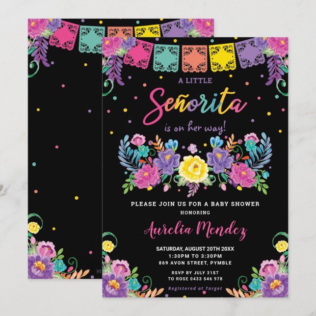 Invitación Vibrante floral mexicana Señorita Baby Shower Chic (Anverso / Reverso)