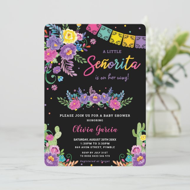 Invitación Vibrante floral mexicana Señorita Baby Shower Chic (Anverso de pie)