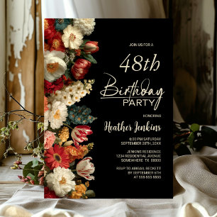 Invitación Vibrante floral negro de humor para cumpleaños de
