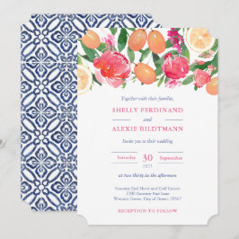 Invitación Vibrante Florales Rosa Citrus Boda de mosaico azul